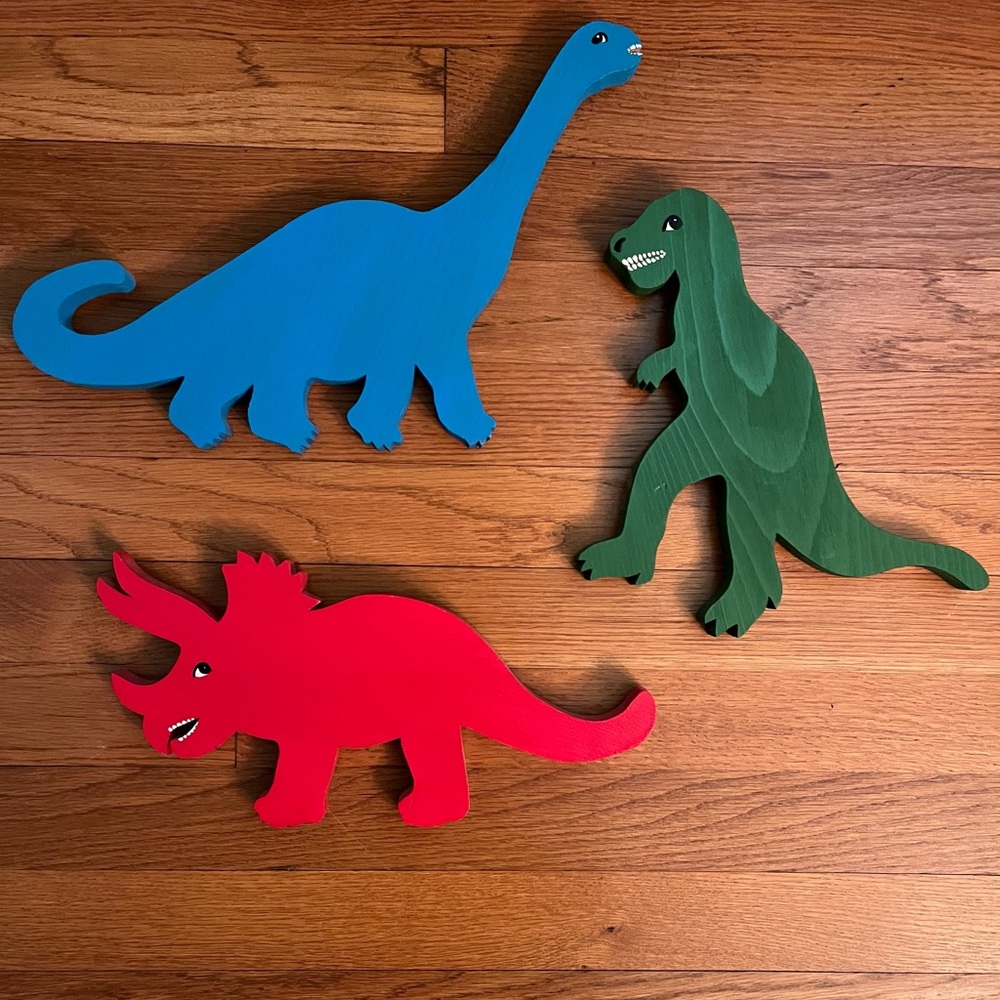 Blue, Green & Red Handmade Wooden Dinosaur Set for Kids Room Wall Art